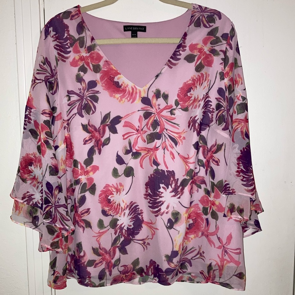 Lane Bryant Pink Ruffled Bell Sleeve Blouse